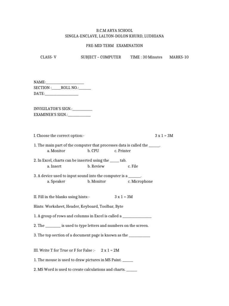 Class V Computer Exam Paper | PDF