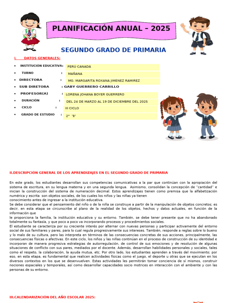 Planificación Anual 2025: 2° Grado Primaria | PDF | Sustracción | Datos