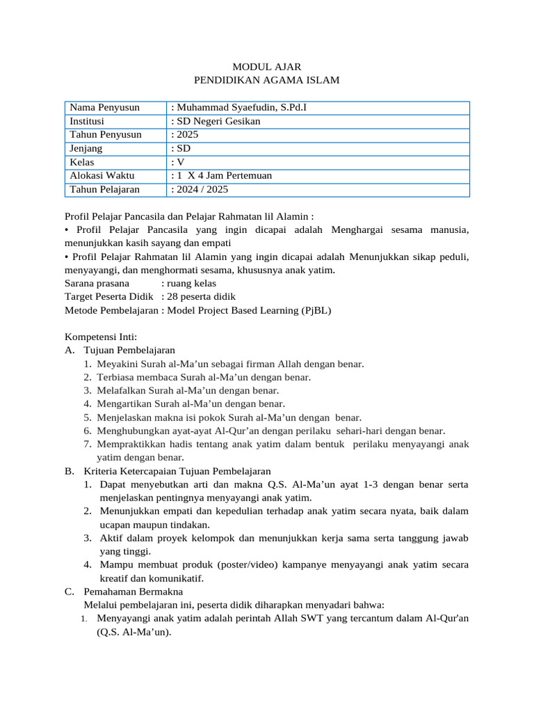 1. Modul Ajar PAI Kelas 5 - BAB 1 (1) | PDF