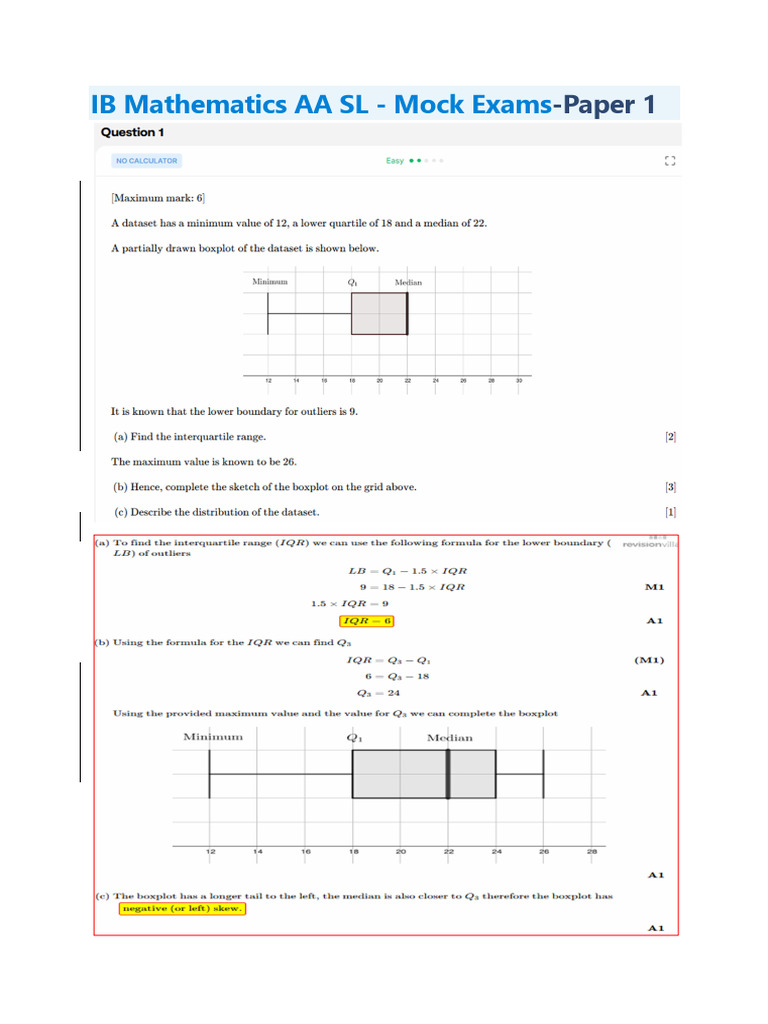 IB Math AA SL Mock Exam Paper 1 | PDF