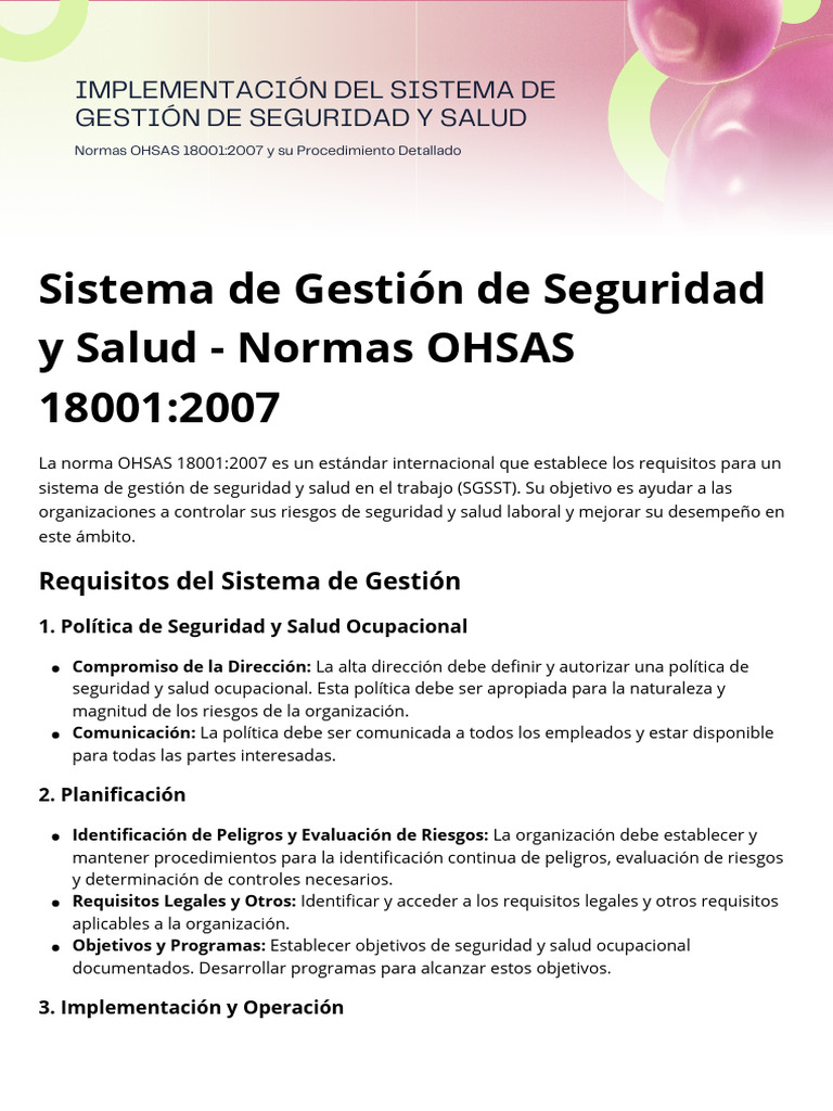 Sistema de Gestión de Seguridad y Salud - Normas OHSAS 180012007 | PDF ...