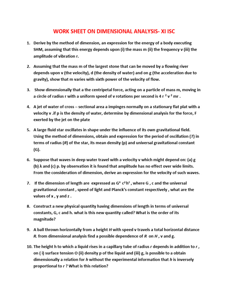 Work Sheet On Dimensional Analysis - Xi Isc | PDF | Physical Sciences ...