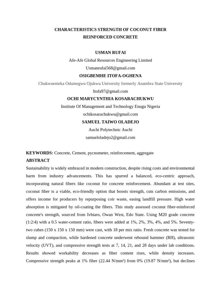 Strength of Coconut Fiber in Concrete | PDF | Concrete | Mechanical ...