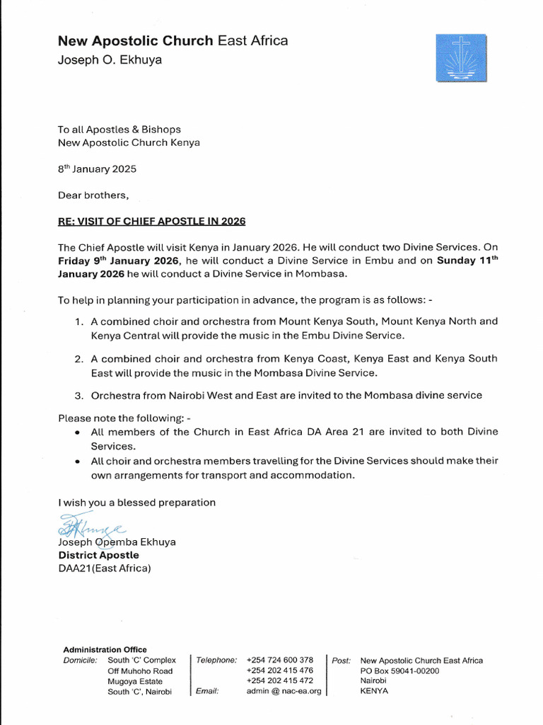 Chief Apostle's Visit to Kenya 2026 | PDF | Religious Organizations ...