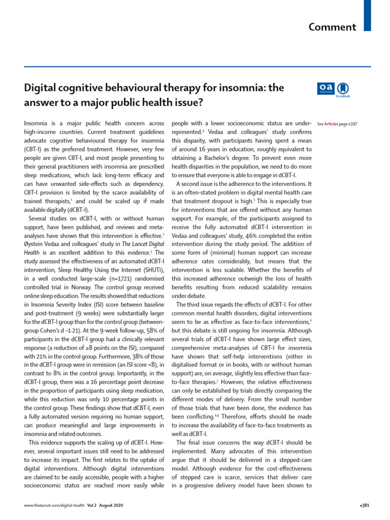 Digital Cognitive Behavioural Therapy For Insomnia | PDF | Insomnia ...
