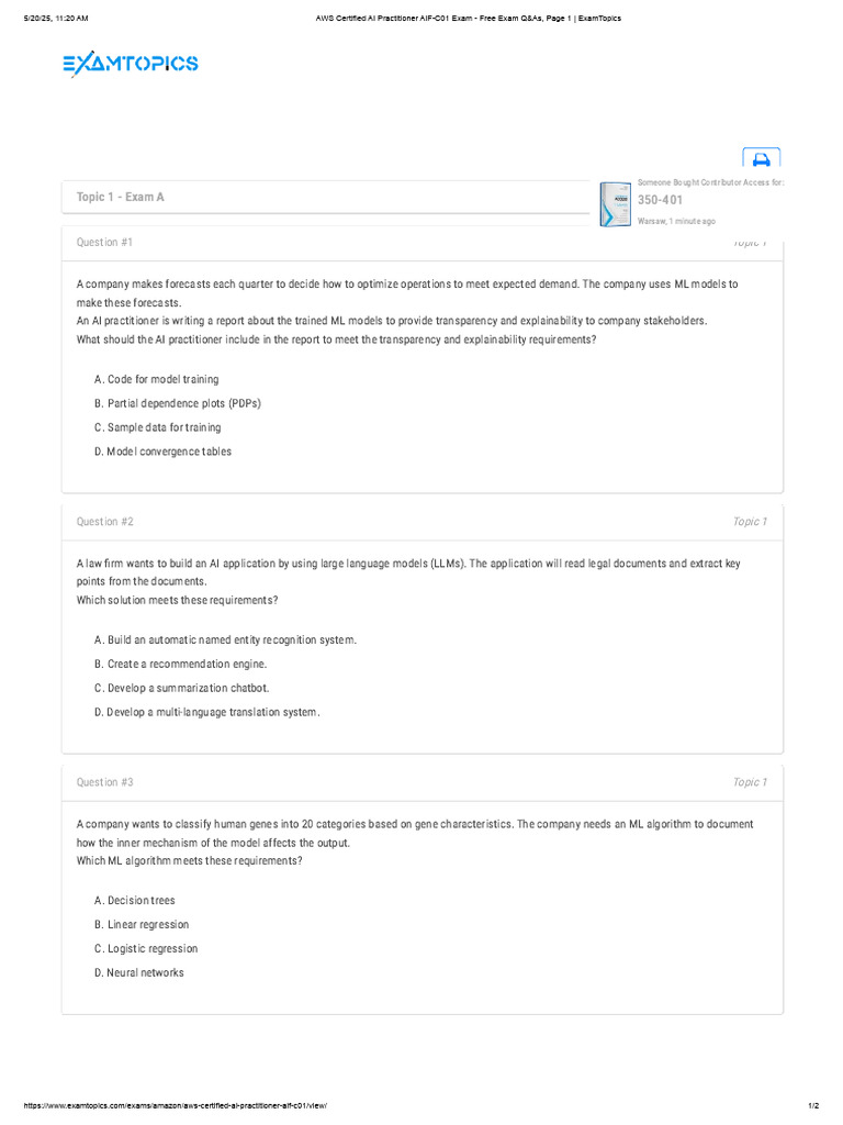 AWS Certified AI Practitioner Exam Q&As | PDF | Machine Learning ...