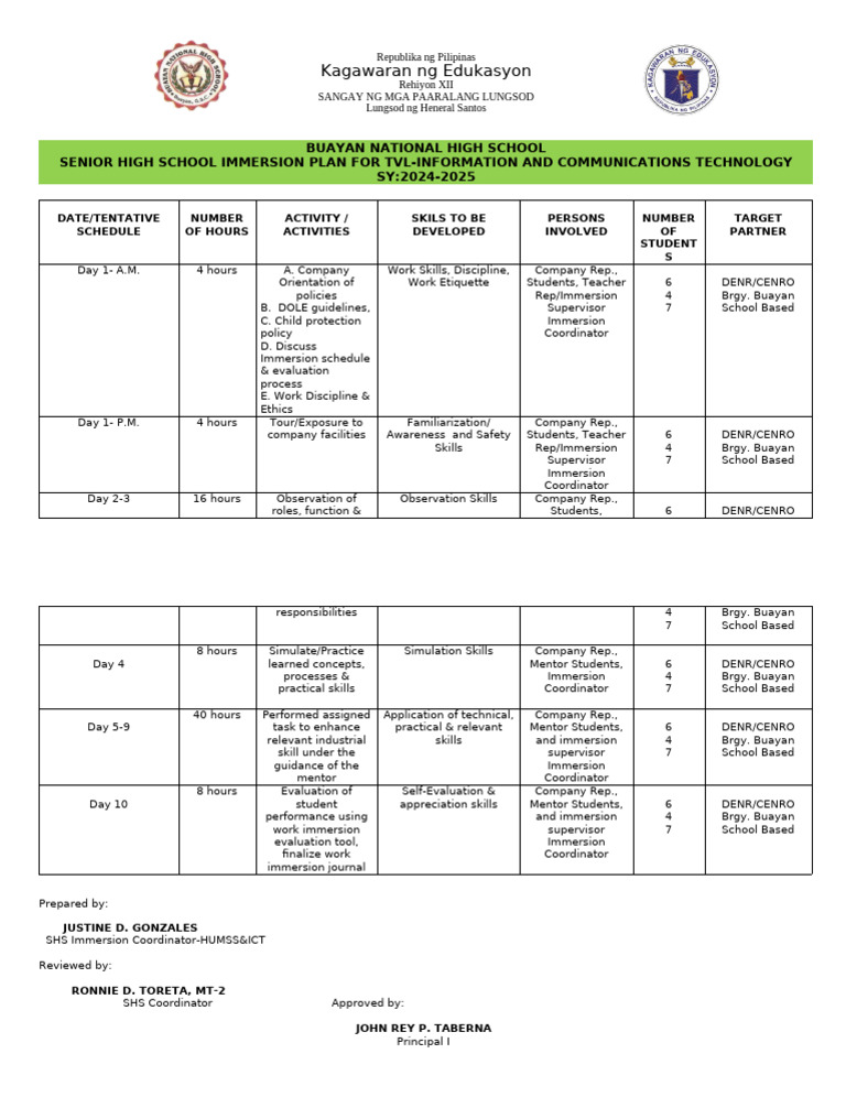 Senior High School ICT Immersion Plan | PDF