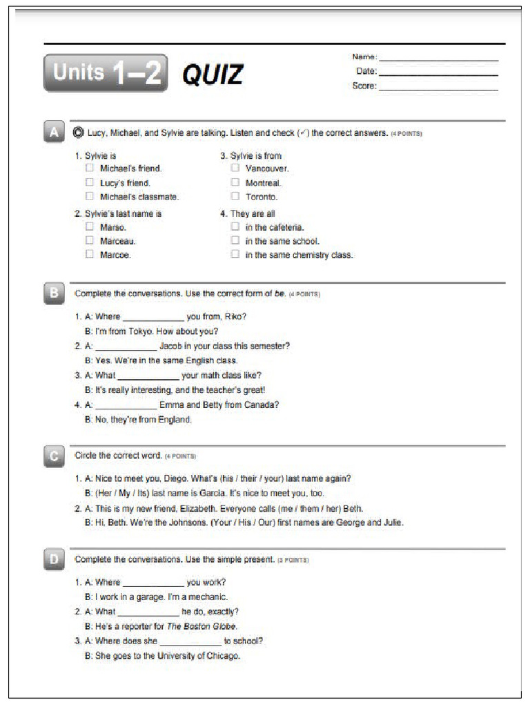 Interchange Book 1 Test Unit 1 - 4 | PDF