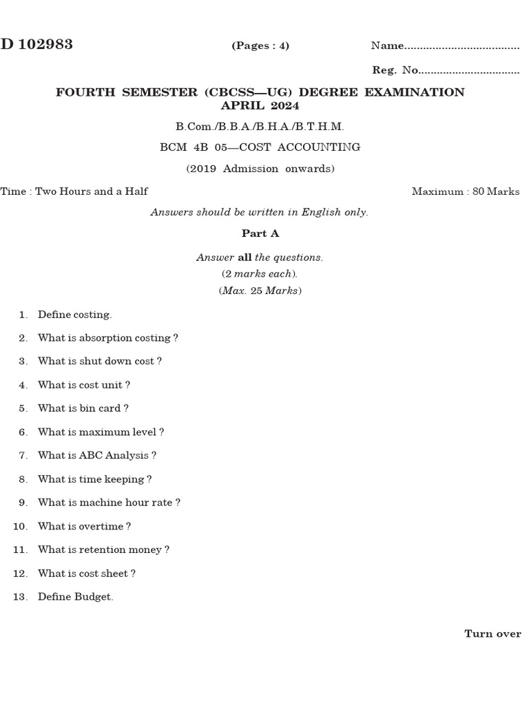Cost Accounting Exam Paper April 2024 | PDF | Expense | Employment