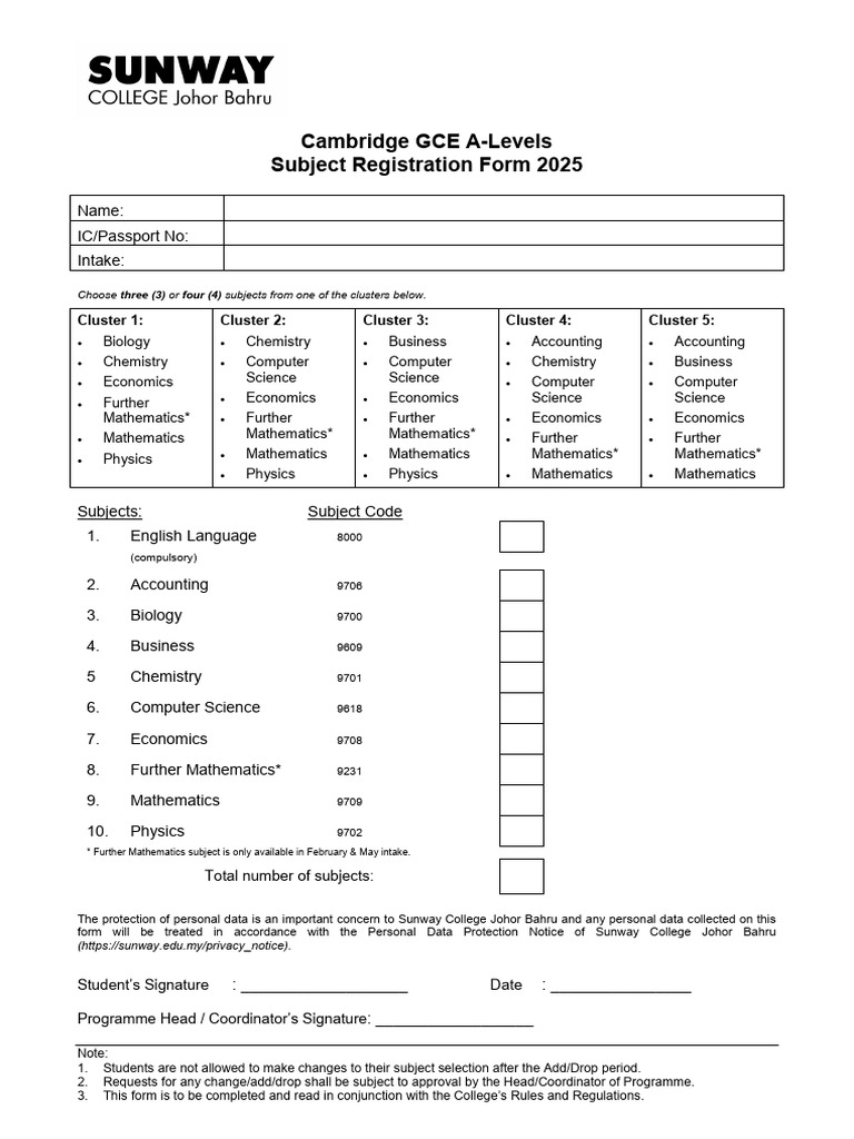 Cambridge GCE A-Level Subject Registration 2025 | PDF
