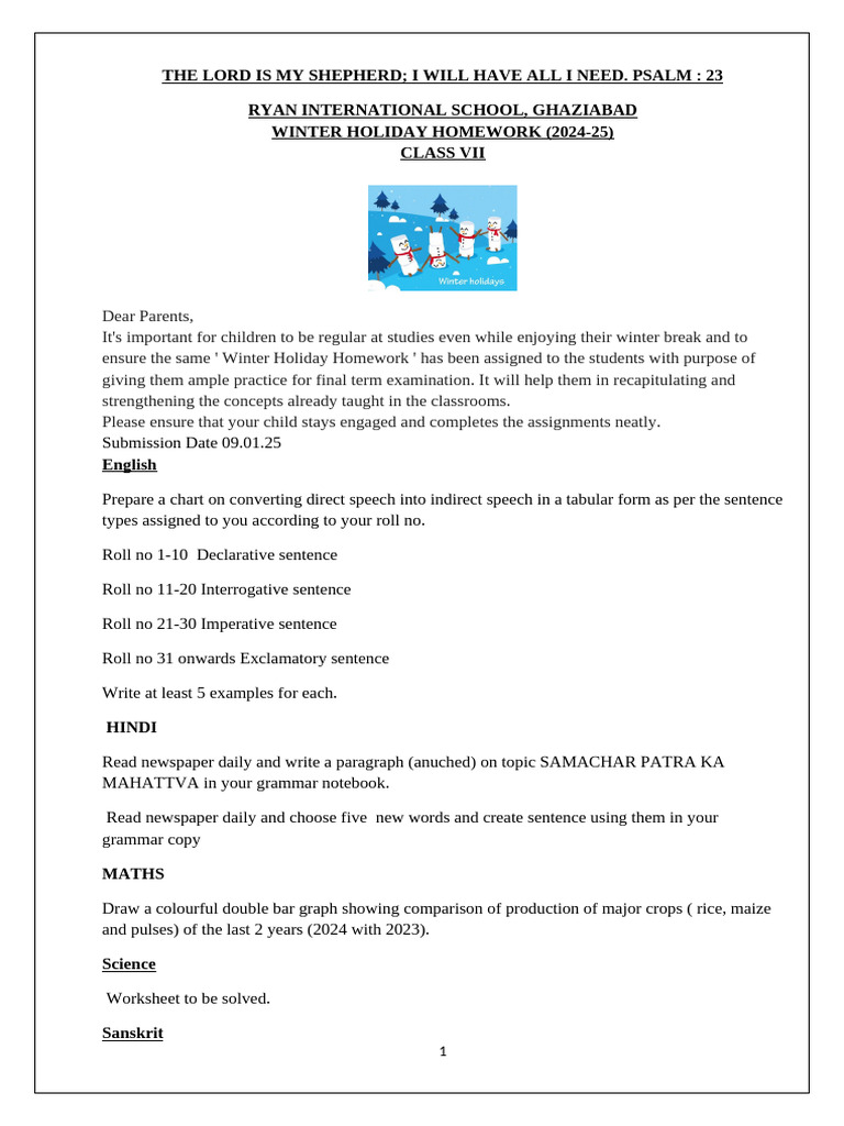 Class VII Winter Holiday Homework 2024-25 | PDF | Electrical ...