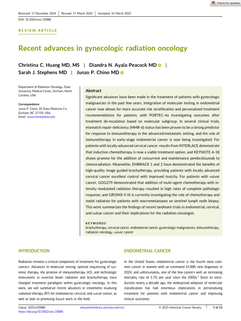 Cancer - 2025 - Huang - Recent Advances in Gynecologic Radiation ...