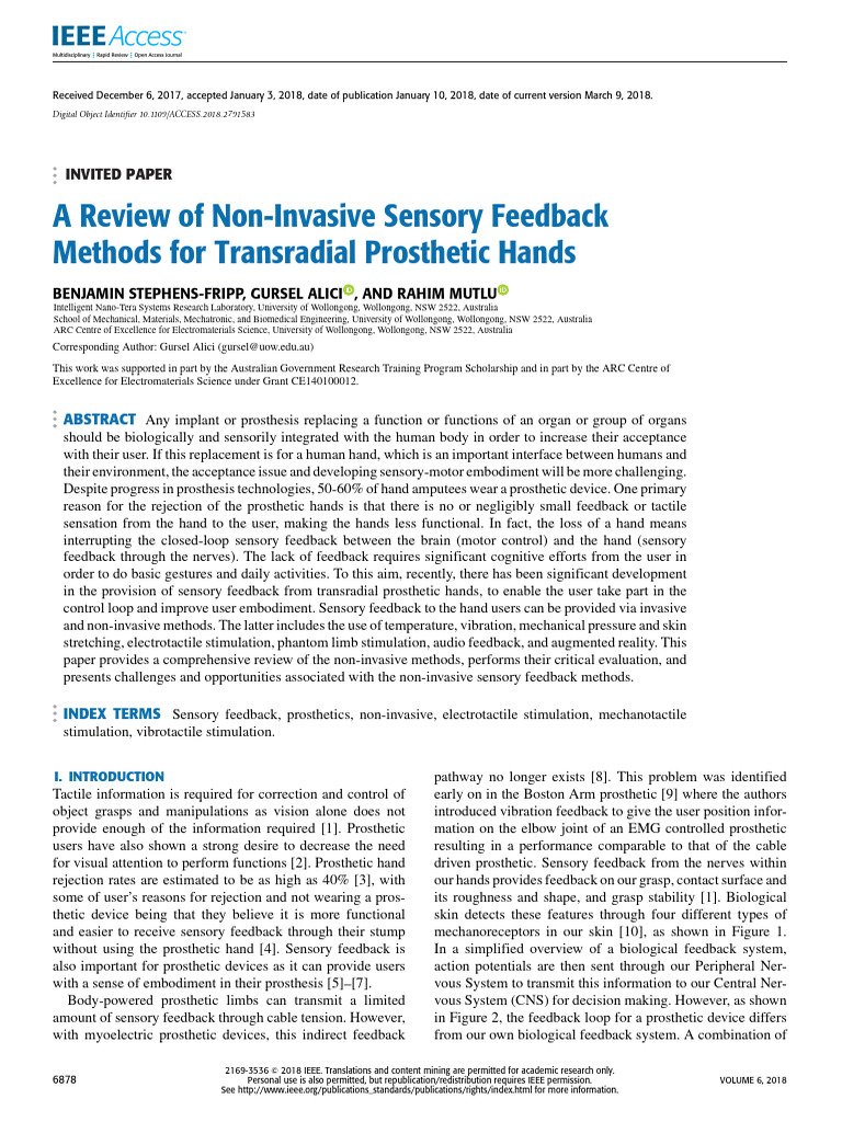 A Review of Non-Invasive Sensory Feedback Methods For Transradial ...