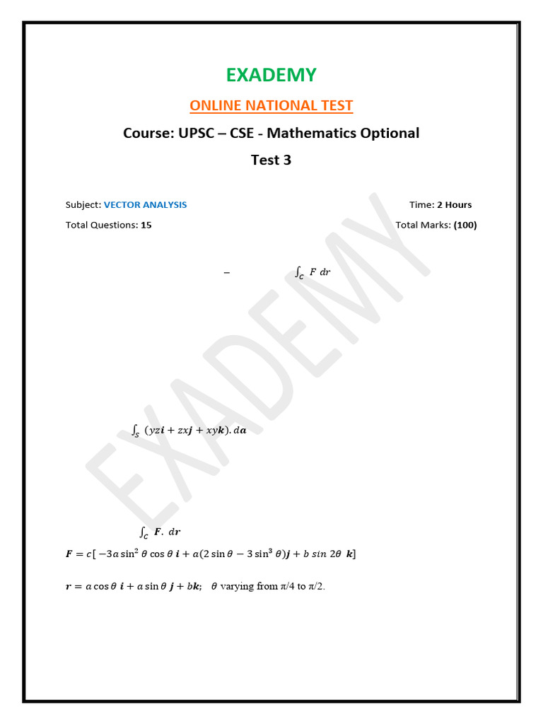 UPSC CSE Mathematics Vector Analysis Test | PDF | Acceleration | Motion ...