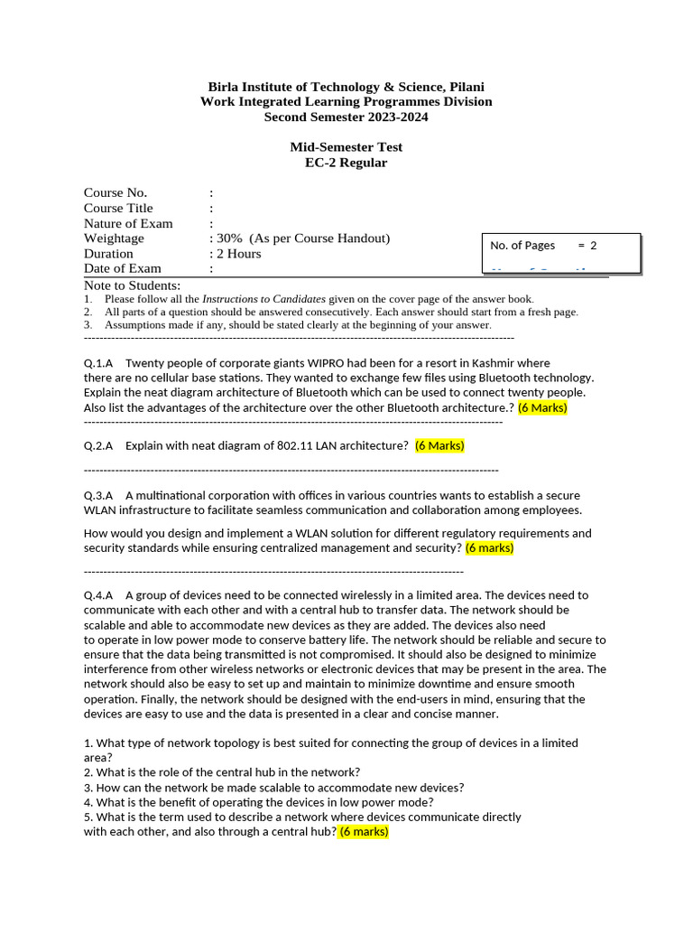 Mid-Semester Test: Wireless Networking Concepts | PDF | Computer ...