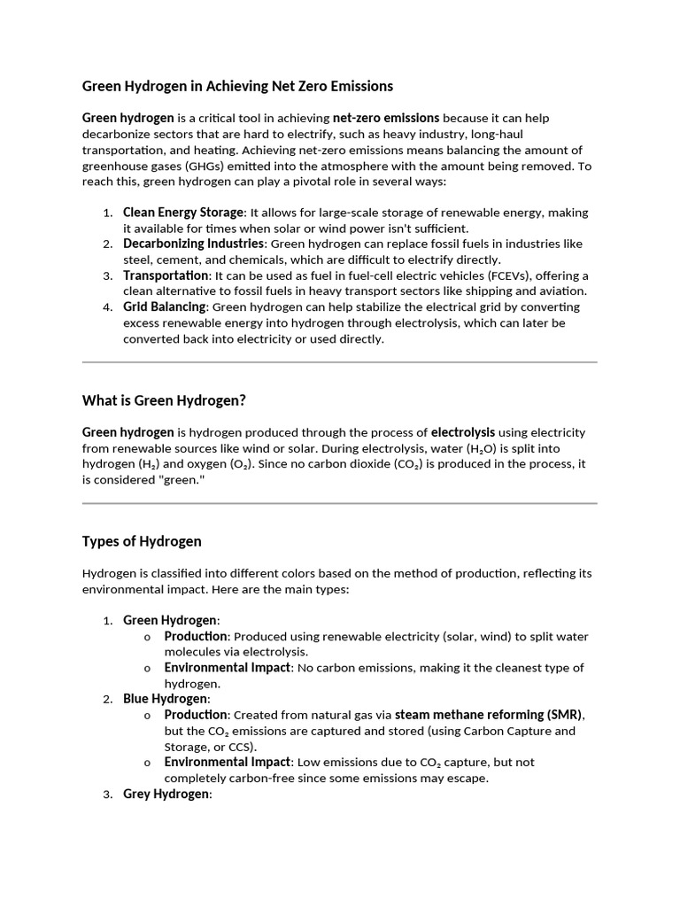 Green Hydrogen's Role in Net Zero Emissions | PDF | Greenhouse Gas ...