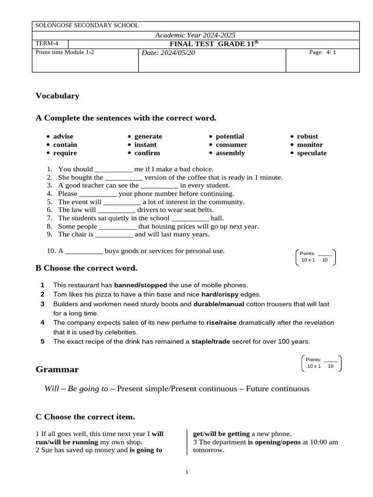 Grade 11 Final Test Vocabulary & Grammar | PDF | Fashion