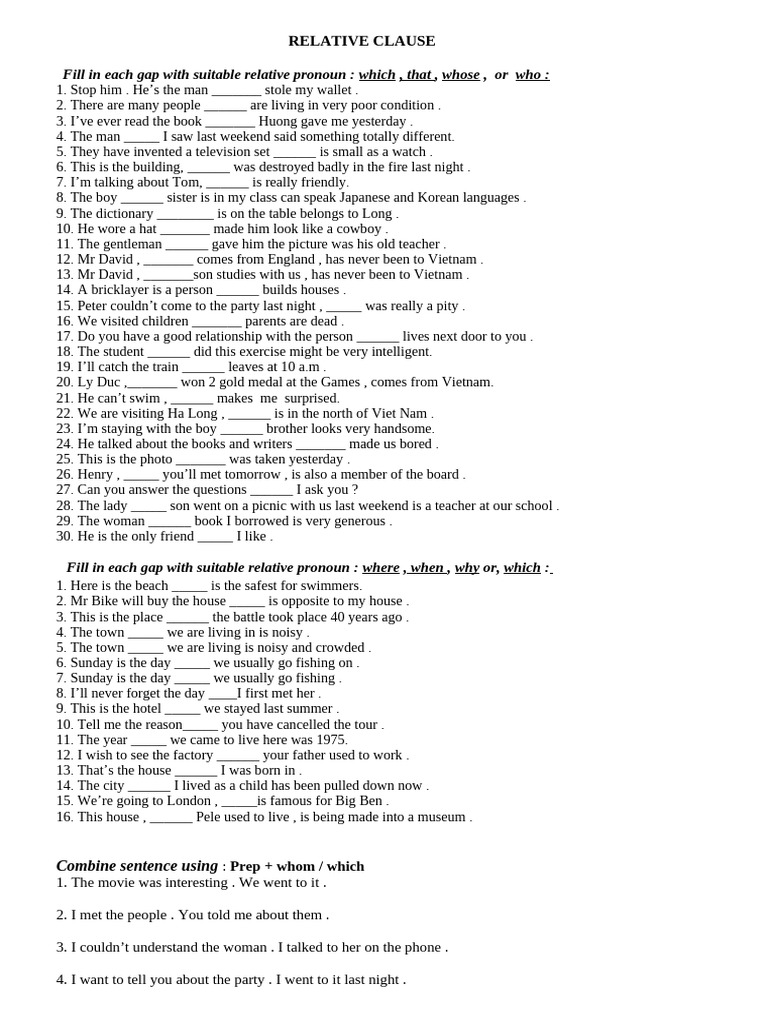 Relative Pronouns Practice Exercises | PDF