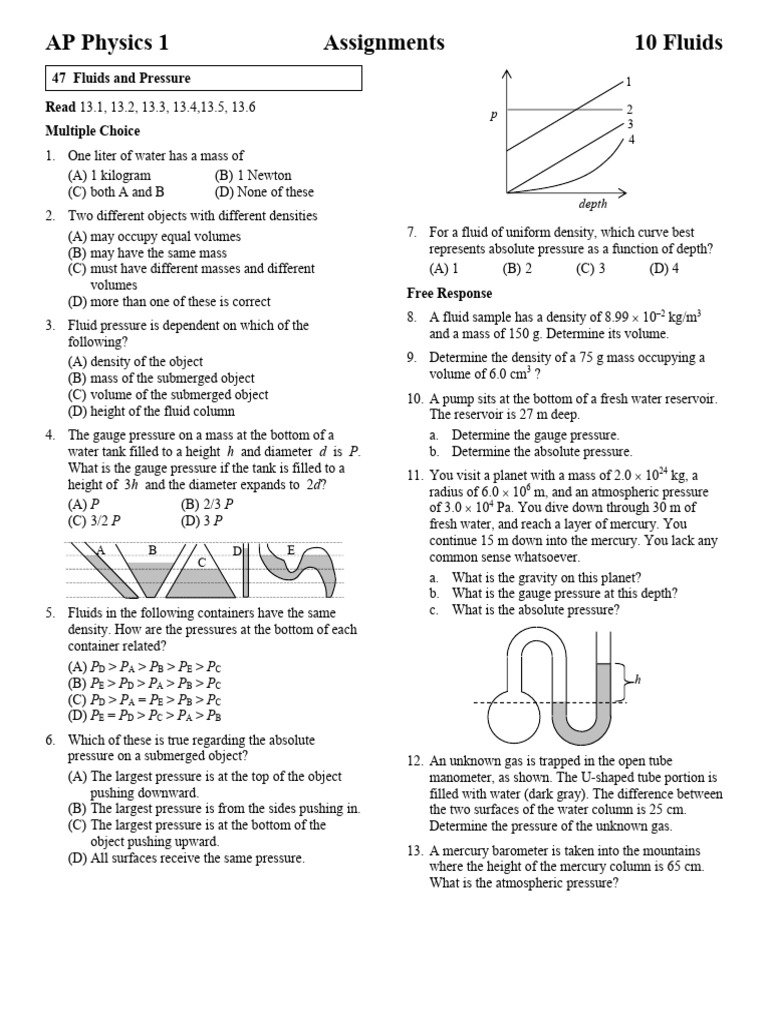 AP Physics 1: Fluids and Pressure Assignments | PDF | Buoyancy | Pressure