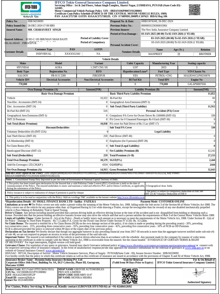 Motor Insurance Policy Schedule Example | PDF | Insurance | Deductible