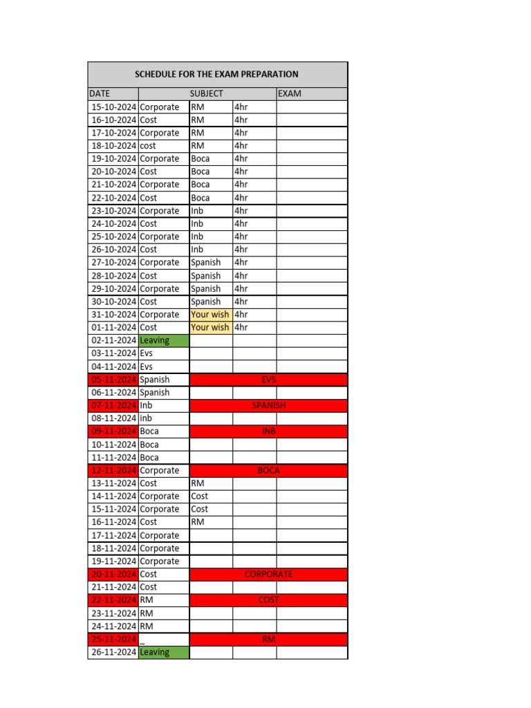 Exam Preparation Schedule 2024 | PDF