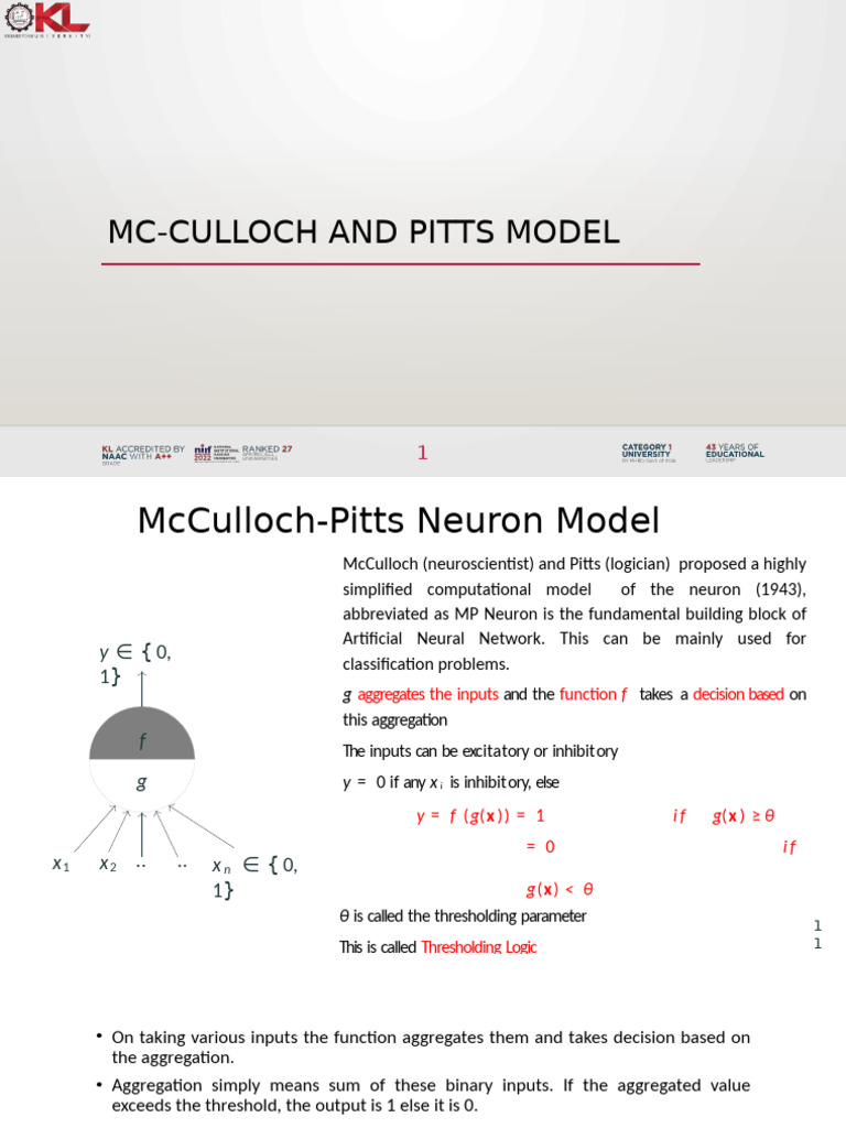 McCulloch-Pitts Neuron Model Explained | PDF | Artificial Intelligence ...
