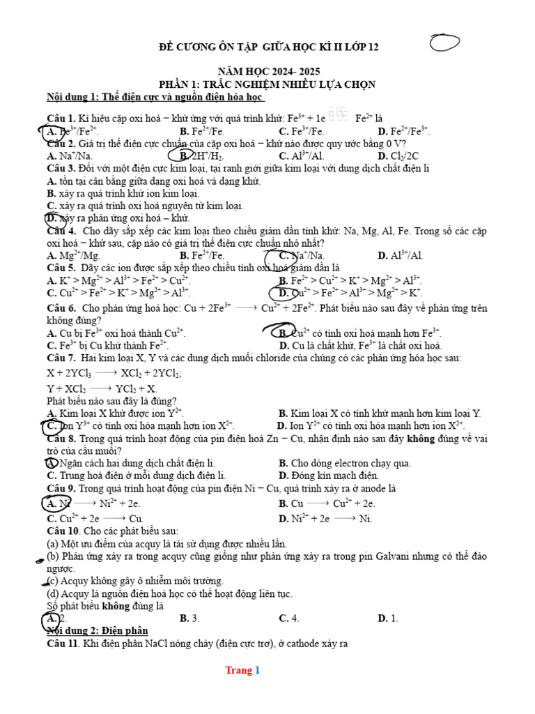 De Cuong Tap Giua HK2 Hoa 12 | PDF