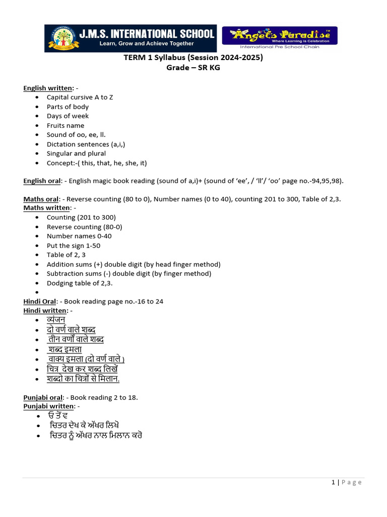 SR KG Term 1 Syllabus 2024-2025 | PDF