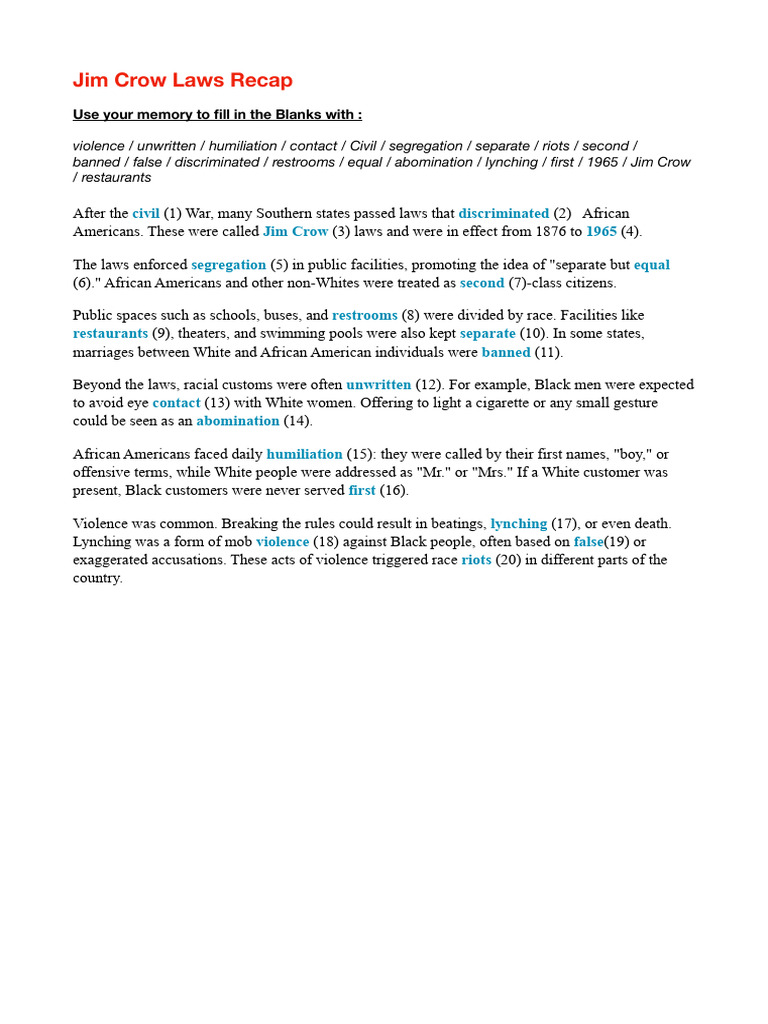 Jim Crow Laws Recap | PDF