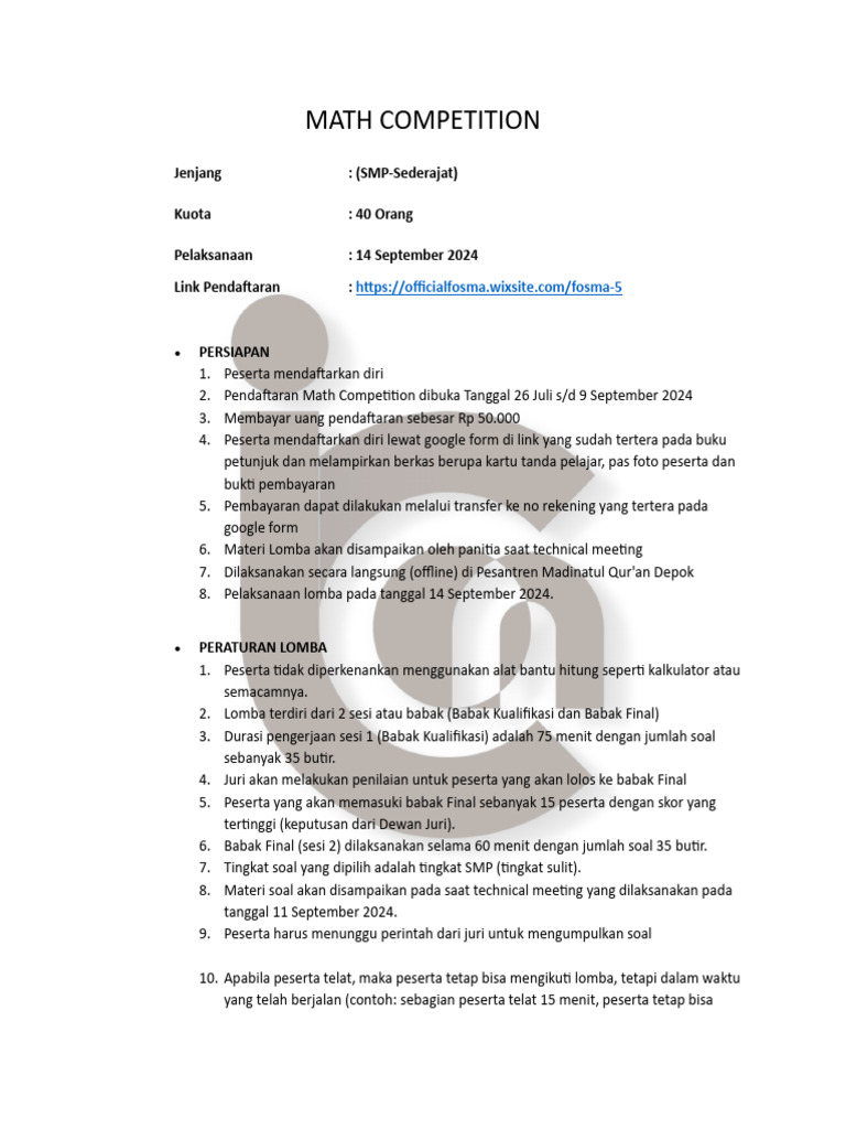 Lomba Matematika SMP 2024: Pendaftaran dan Aturan | PDF