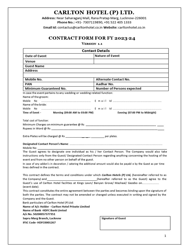 Carlton Hotel Event Contract 2023-24 | PDF | Payments | Legal Liability