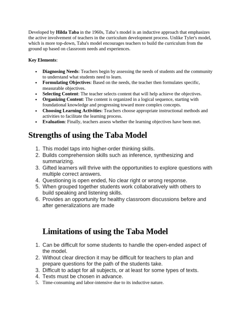 Taba's Inductive Curriculum Model Explained | PDF | Constructivism ...