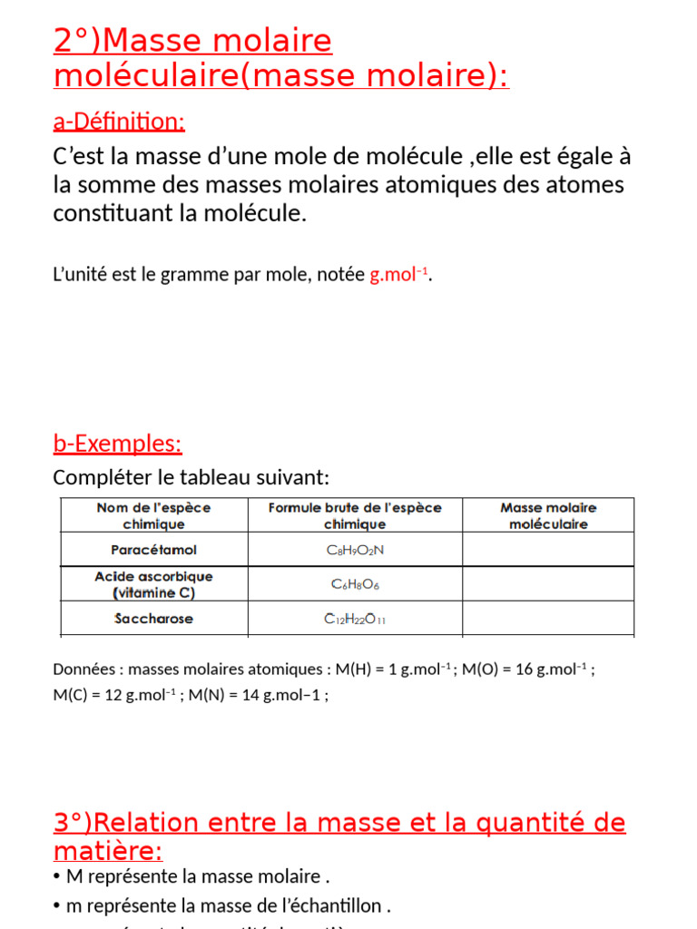 Définition et calcul de la masse molaire PDF — free download