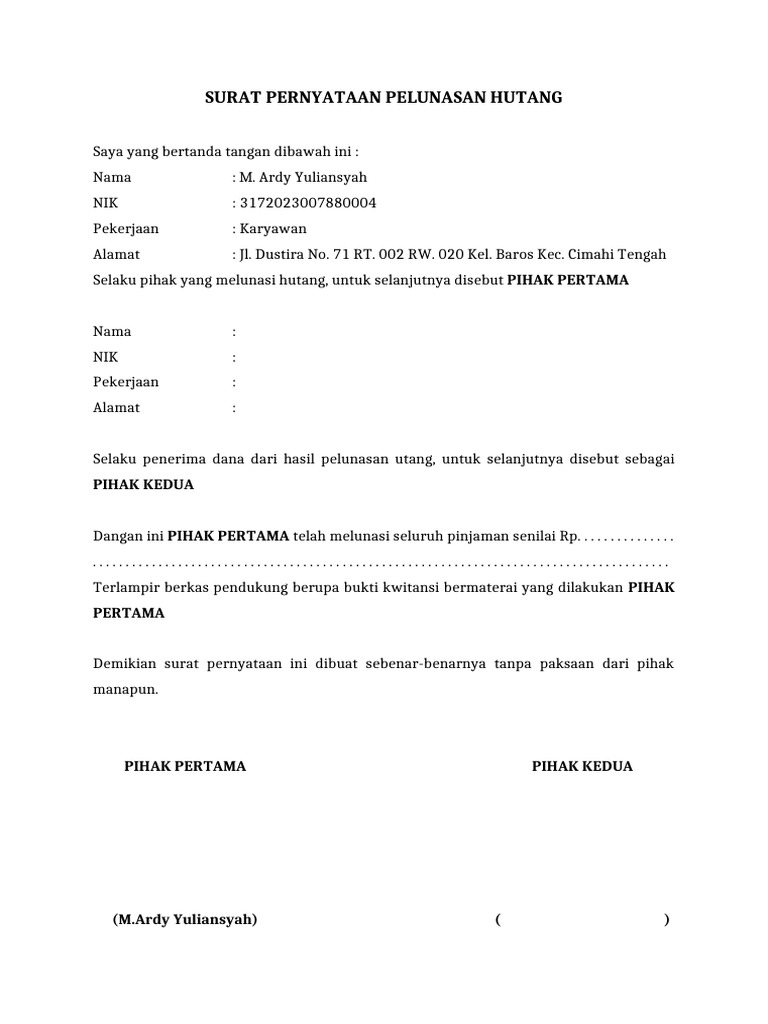 SURAT PERNYATAAN PELUNASAN HUTANG | PDF