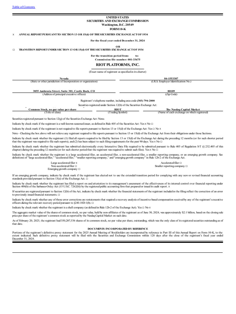 Riot Platforms, Inc.: United States Securities and Exchange Commission ...