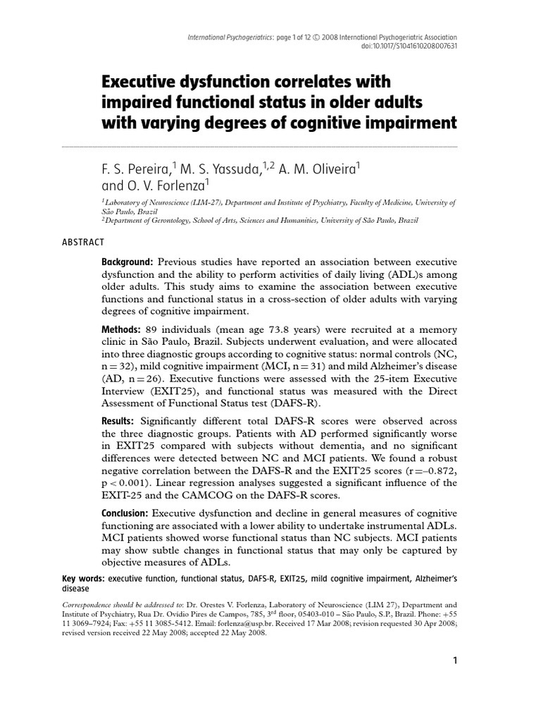 Executive Dysfunction and Functional Status in Aging | PDF | Medicine ...
