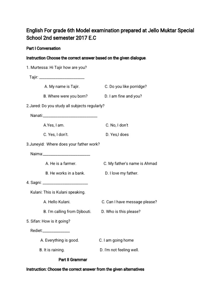 Grade 6 English Model Exam 2017 E.C. | PDF