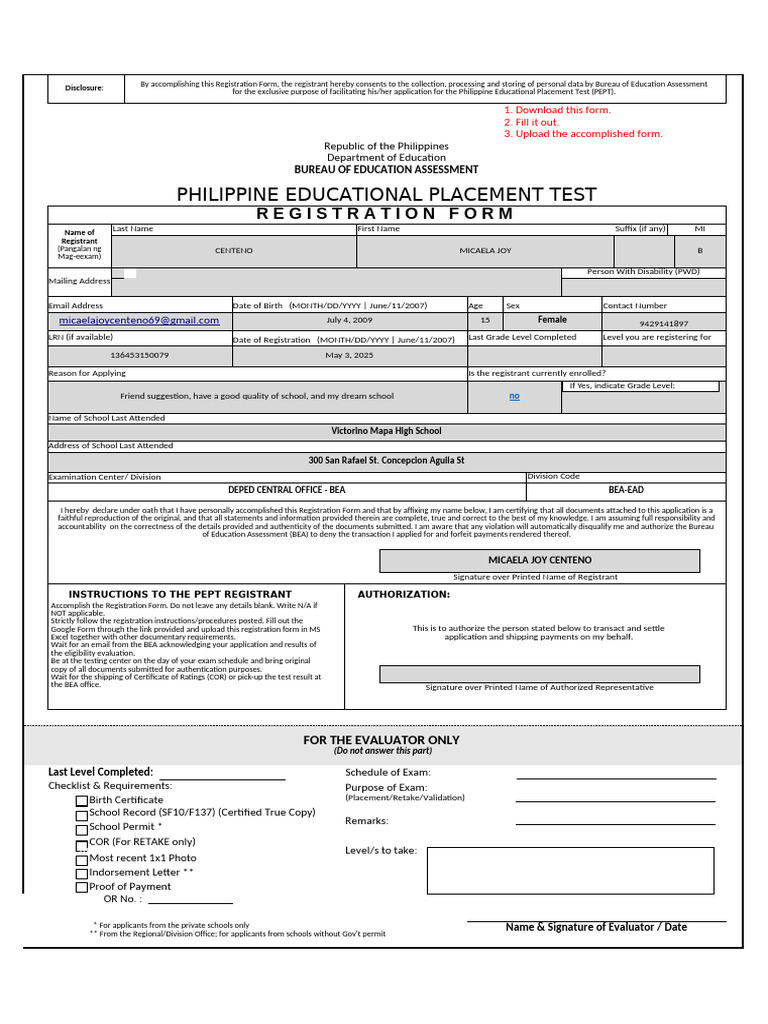 PEPT Registration Form Instructions | PDF