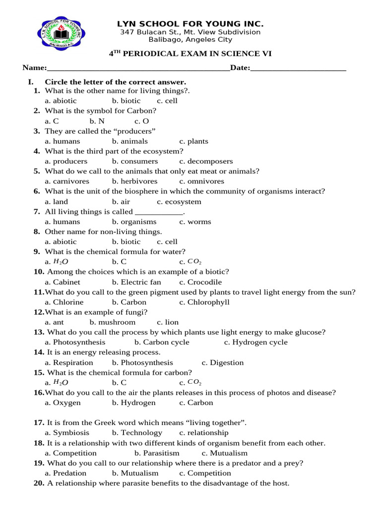 Science VI Periodical Exam Questions | PDF | Ecosystem | Plants