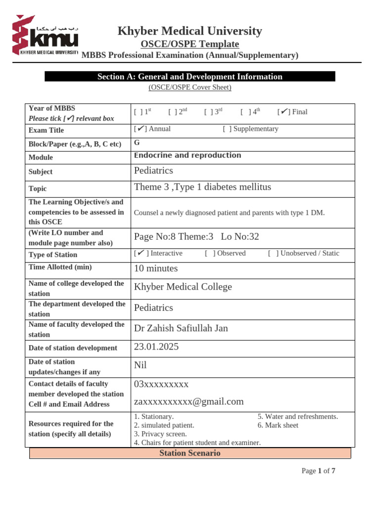 OSCE Template for Type 1 Diabetes Counseling | PDF | Diabetes | Medicine