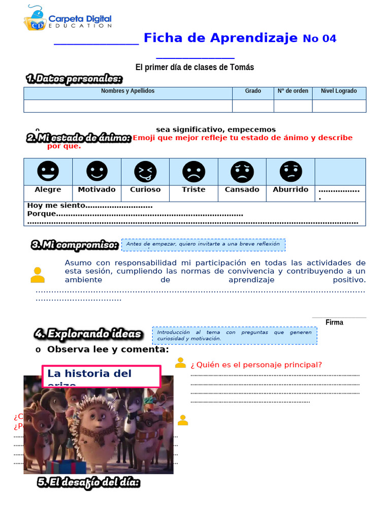 Ficha 6 - El Primer Día de Clases para Tomás - Iv Ciclo | PDF | Cuentos ...