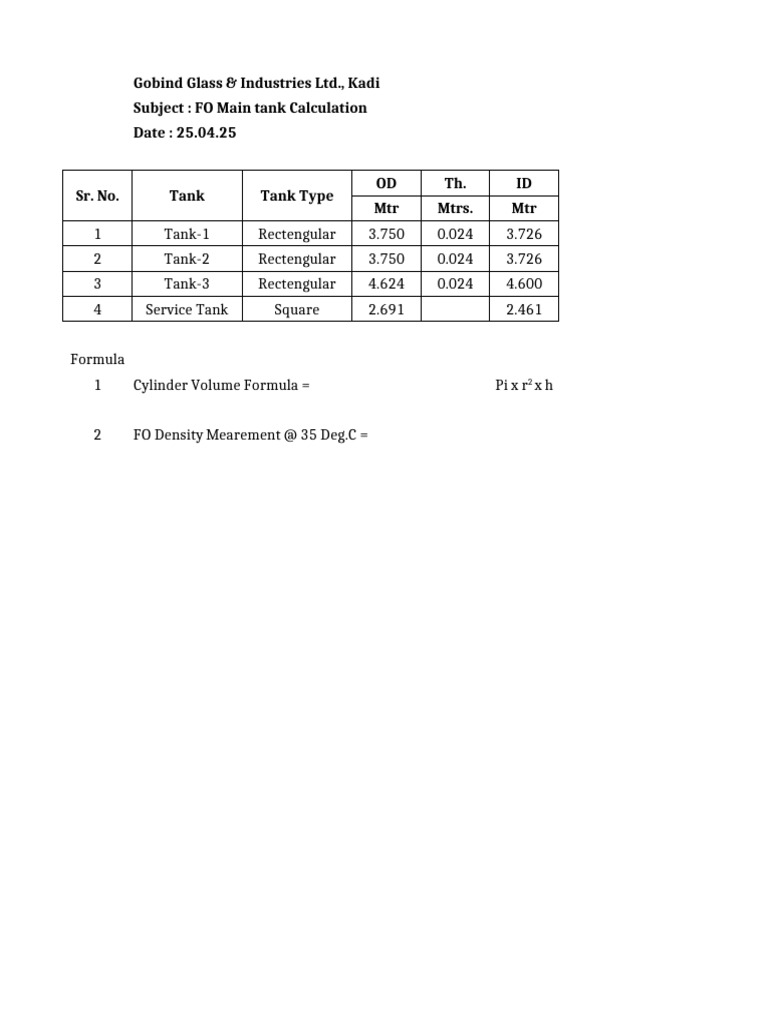 FO Calculation Formula | PDF | Density | Volume