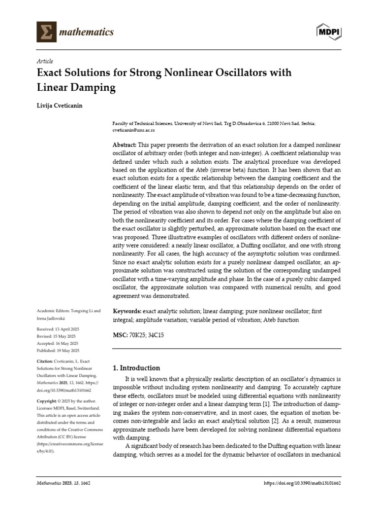 Mathematics 13 01662 | PDF | Damping | Nonlinear System