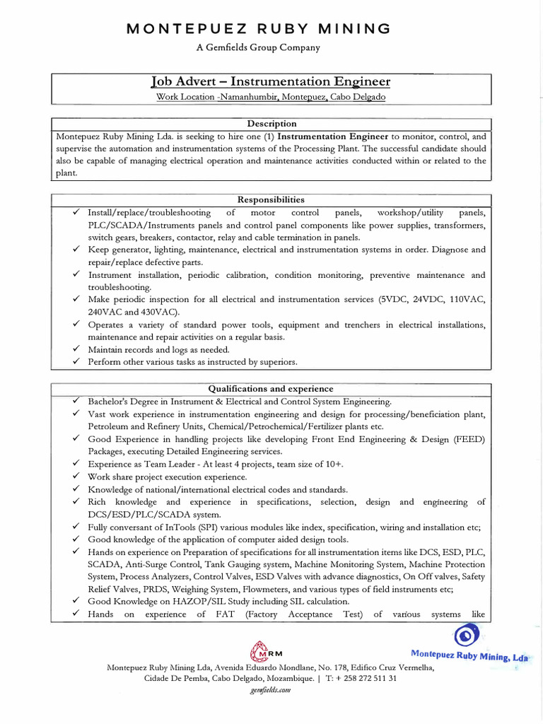 Job Advert - Instrumentation Engineer - 250517 - 191537 | PDF ...