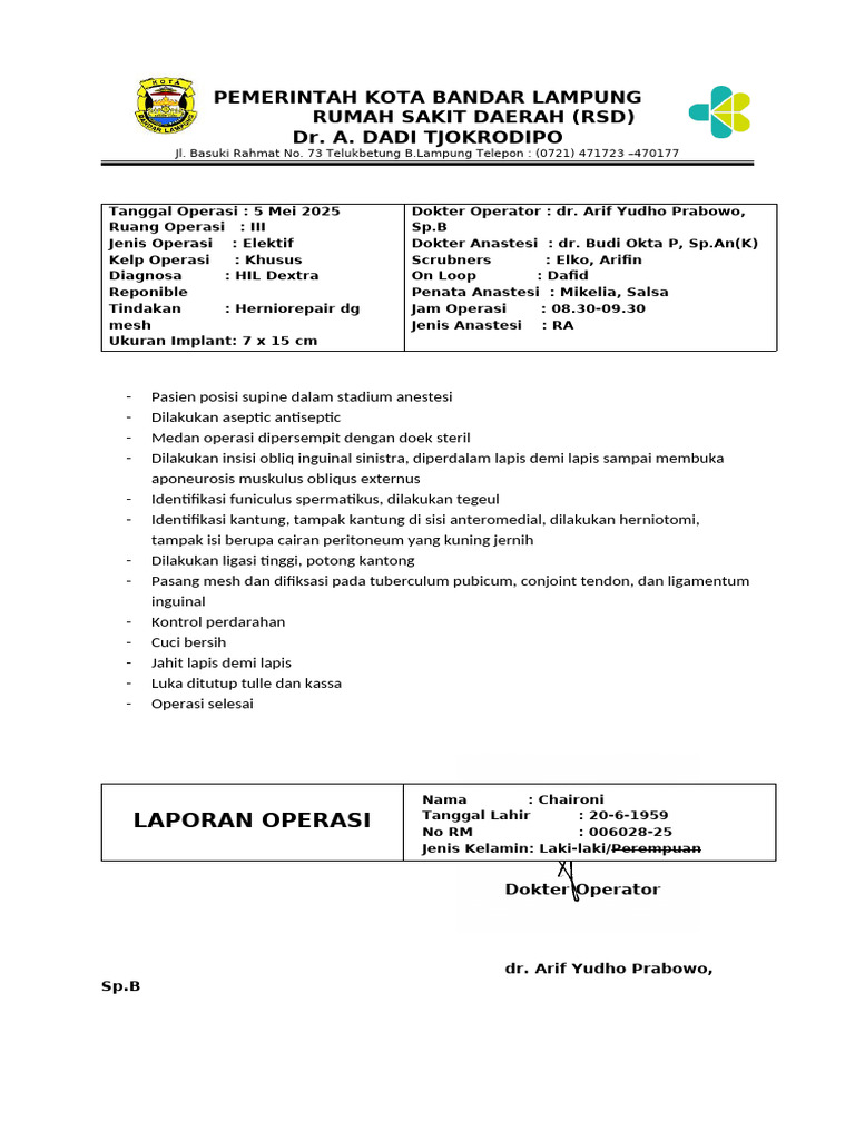 Laporan Operasi Herniorepair RSD Bandar Lampung | PDF