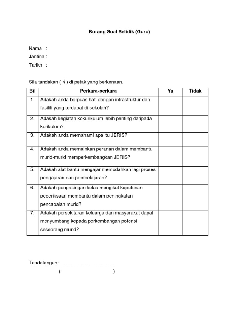 Borang Soal Selidik Guru Pdf