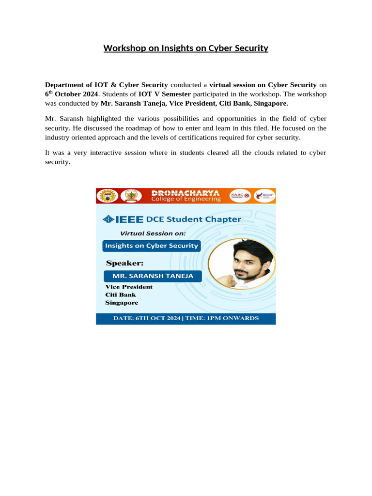Workshop On Insights On Cyber Security | PDF