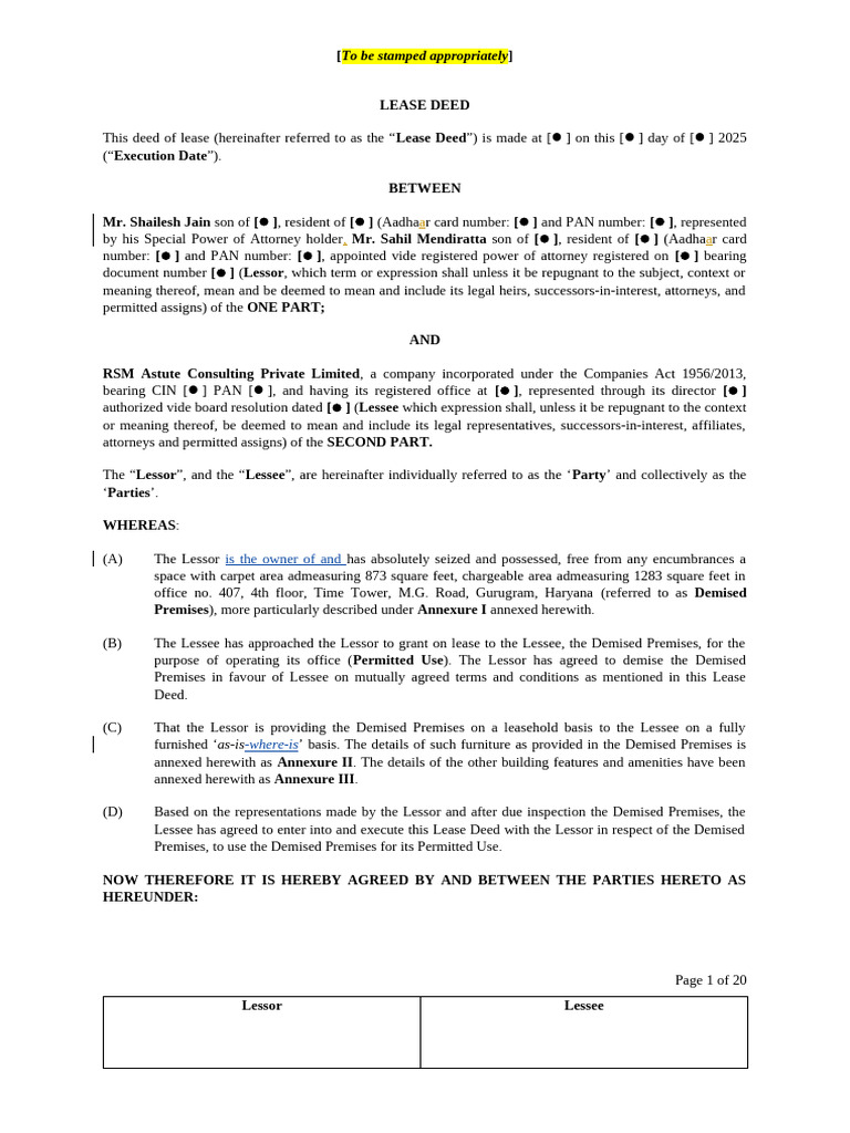 Lease Deed for Office Premises in Gurugram | PDF | Lease | Indemnity
