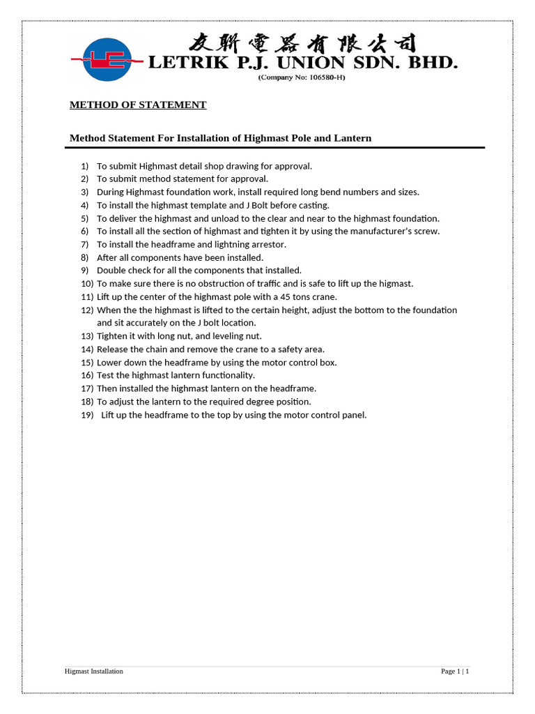 Highmast Installation Method Statement | PDF