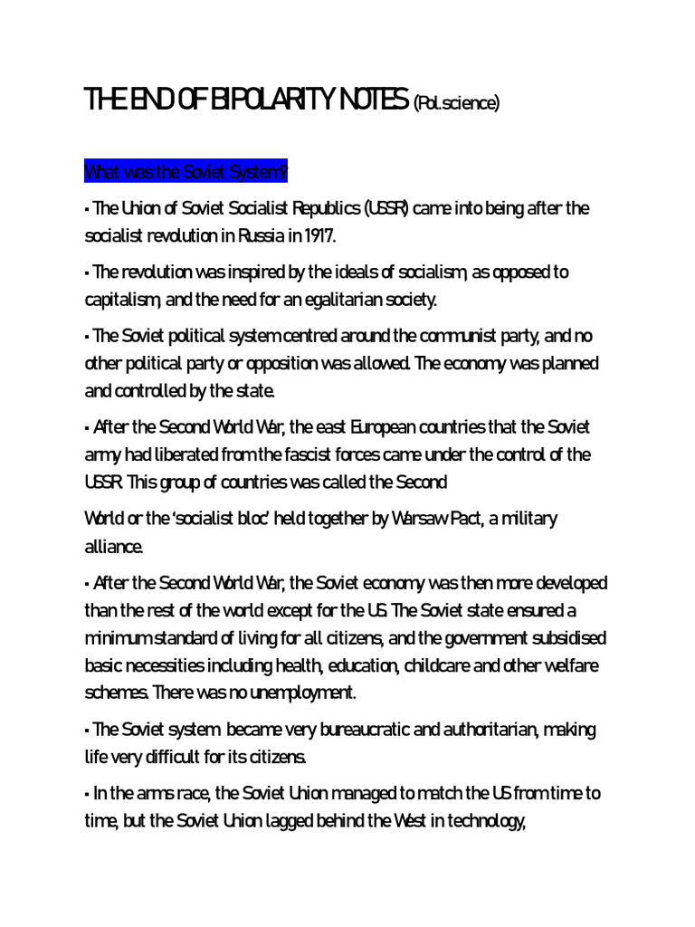 End of Bipolarity: Class 12 Notes | PDF | Soviet Union | World Politics